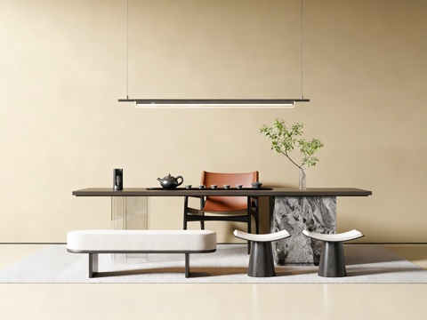  新中式茶桌椅 茶具 吊灯3d模型 