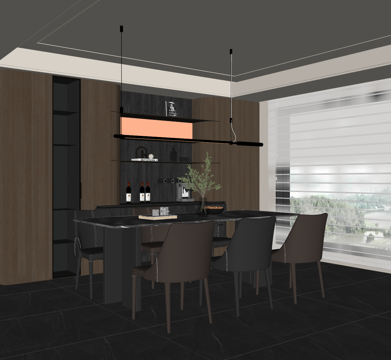 现代意式餐厅 餐桌椅 吊灯 餐边柜 酒柜su模型