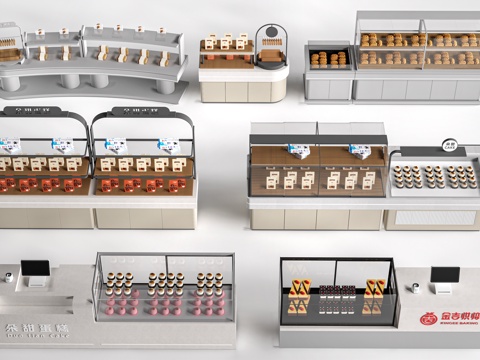 现代咖啡吧台 甜品店货架 收银台 服务台su模型