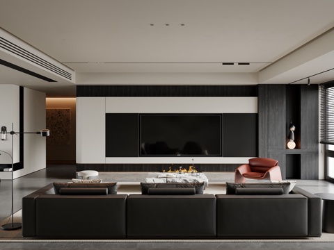 现代简约客厅 沙发茶几 电视背景墙 多人沙发 地毯su模型