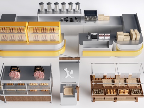 现代咖啡吧台 甜品店货架 收银台 服务台su模型