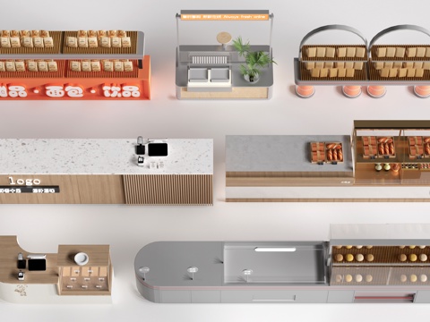 现代咖啡吧台 甜品店货架 收银台 服务台su模型