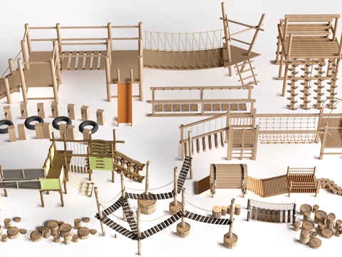 现代户外儿童游乐设施 无动力游乐设施 乡村研学游乐设施su模型