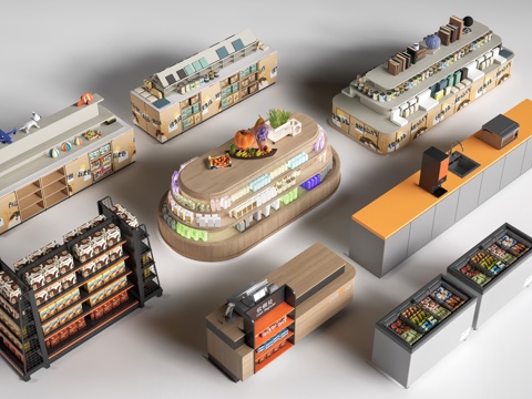 现代超市货架 零食店货架 置物架 文创展架su模型