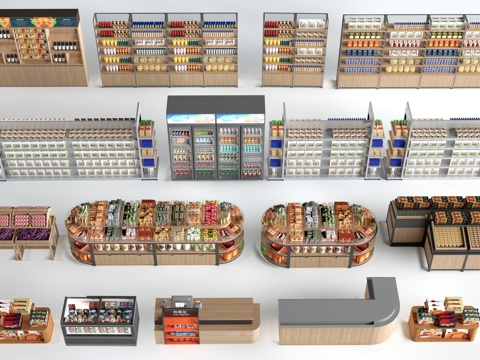 现代超市货架 零食店货架 置物架 文创展架su模型