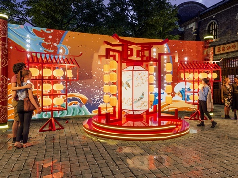 新中式中国风国潮灯笼猜灯谜美陈 卷轴su模型