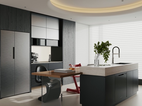  现代极简岛台餐厅 开放式厨房  岛台餐台椅3d模型 