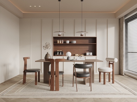  中古风餐厅 餐桌椅组合 餐边柜 小吊灯 百叶帘3d模型 