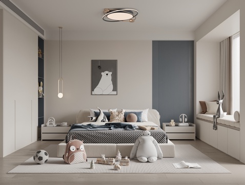  现代儿童房 男孩房双人床 衣柜 挂画 吸顶灯3d模型 