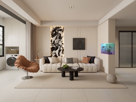 客餐厅，餐厅，客厅，奶油风，软装配饰su模型