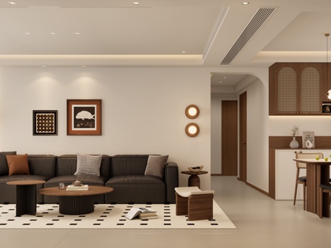  中古风客餐厅 中古风客厅 中古风餐厅 奶油风客餐厅3d模型 