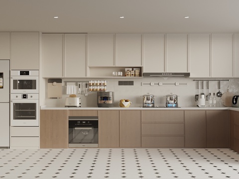  现代中古风厨房 橱柜 厨房电器 冰箱柜 嵌入式烤箱 洗碗机3d模型 