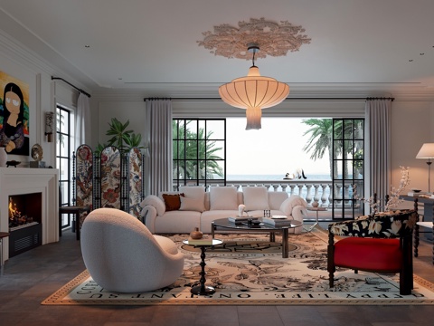  法式轻奢别墅客厅 布艺单人沙发 艺术吊灯 壁炉3d模型 