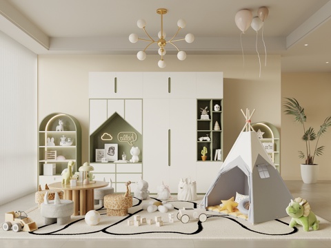  现代儿童娱乐室 儿童玩具房 儿童帐篷 儿童玩具柜 儿童桌椅3d模型 