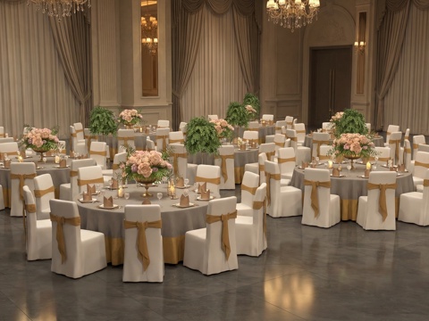 现代宴会厅_宴会桌椅组合_宴会厅圆桌_婚礼宴会厅_宴会桌椅_su模型