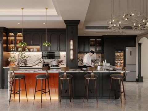  法式轻奢开放式厨房3d模型 