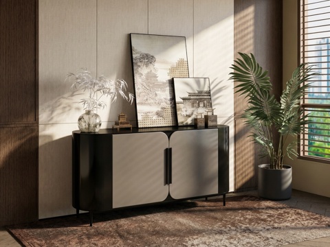  新中式现代玄关柜_端景柜_餐边柜_玄关柜_矮柜_装饰画su模型 