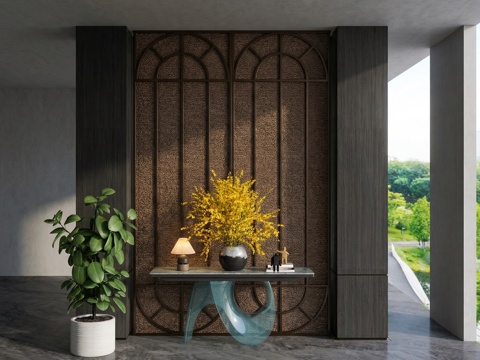  现代玄关柜_现代端景柜_花艺盆栽_大花瓶_端景玄关柜su模型 