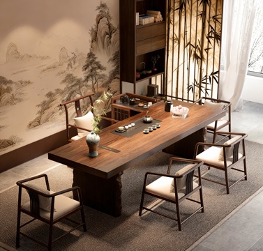  新中式茶室 茶桌组合 茶具3d模型 