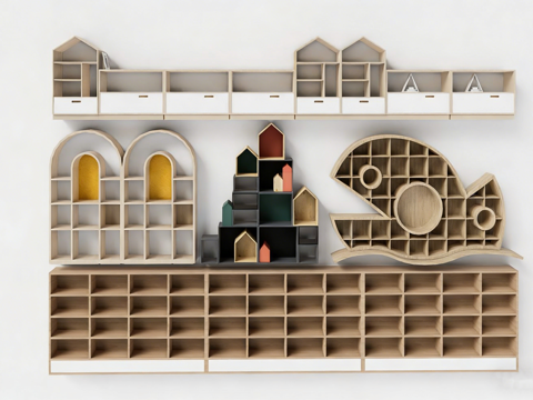 儿童房鱼形创意书架 壁挂式 镂空设计 趣味收纳 多格子收纳su模型