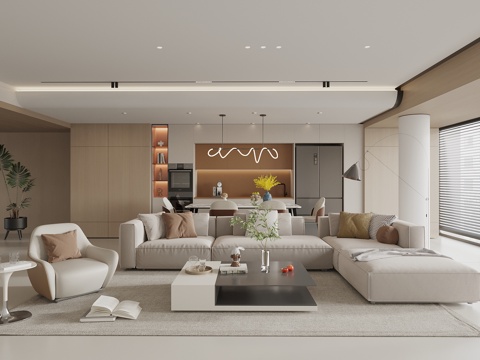  现代客餐厅 转角沙发茶几组合 休闲椅 餐边柜 餐桌椅3d模型 