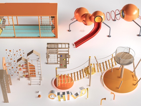 现代儿童游乐器材 户外攀爬架 儿童游乐设施su模型