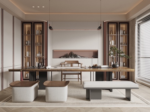  新中式书房 书桌椅 书柜 装饰背景墙3d模型 