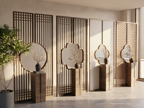  新中式屏风 新中式屏风 花格 隔断 玄关  端景su模型 