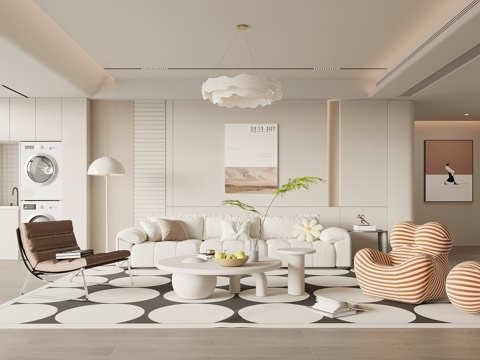  现代奶油风客厅 沙发茶几组合 懒人沙发 休闲椅 洗衣机柜3d模型 