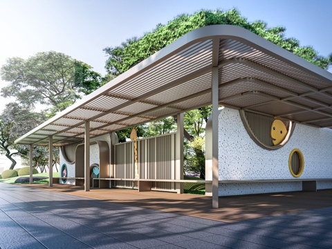 现代等候区廊架 休息区廊架 家长接送区廊架su模型