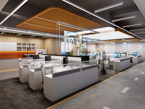  现代开敞办 公共办公区su模型 