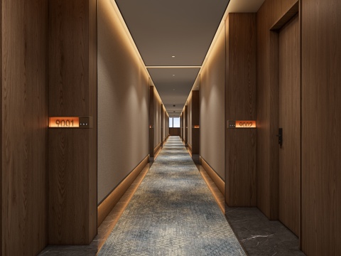 现代酒店走廊，酒店走廊，走廊，门牌su模型