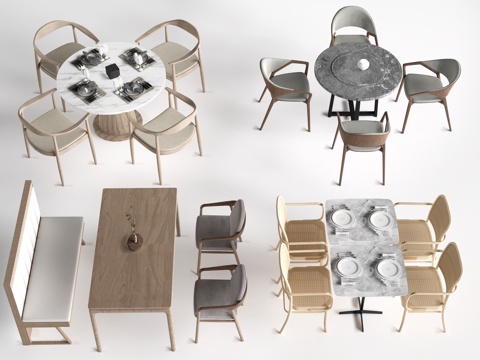 现代餐饮桌椅 餐桌椅 圆形餐桌 卡座餐桌su模型