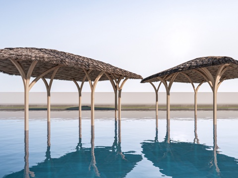 现代茅草亭 景观亭 凉亭su模型