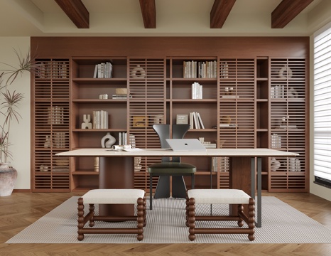  现代书房 茶室 书柜su模型 