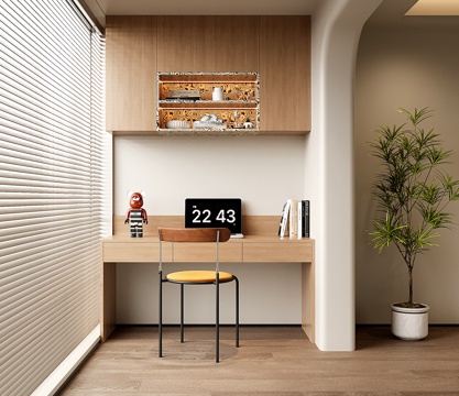  现代阳台书桌 书柜 书桌书柜一体柜su模型 