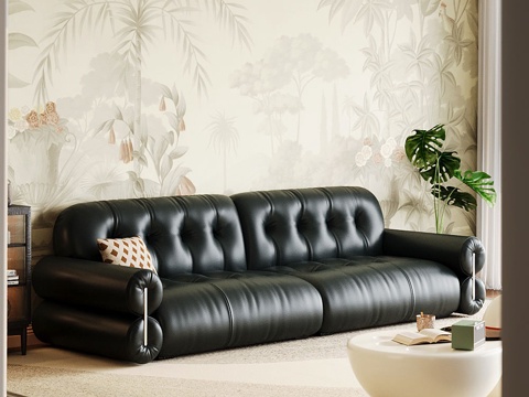  现代意式奶油风双人沙发真皮沙发家具客厅3D渲染3d模型 