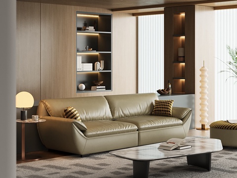  现代简约意式双人真皮沙发茶几家具客厅3d模型 