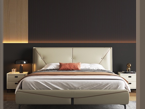  现代简约意式双人床真皮软包床床头柜家具卧室主卧3d模型 