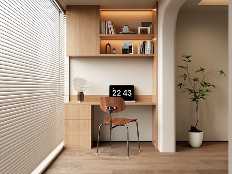  现代阳台书桌 书柜 书桌书柜一体柜su模型 