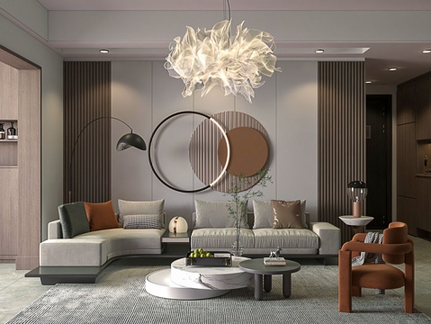  现代客餐厅 沙发茶几组合 背景墙 过道 餐桌椅组合3d模型 