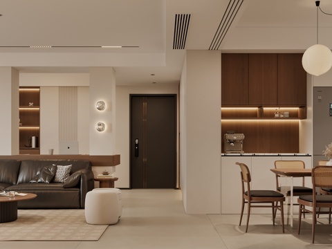 中古风客餐厅 沙发组合 餐桌椅组合 电视墙 吊灯3d模型