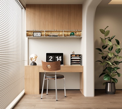  现代阳台书桌 书柜 书桌书柜一体柜su模型 