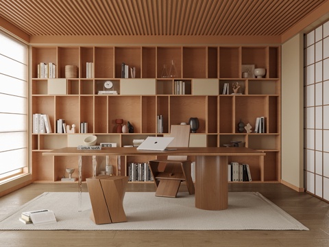  现代书房 书柜 书桌椅3d模型 