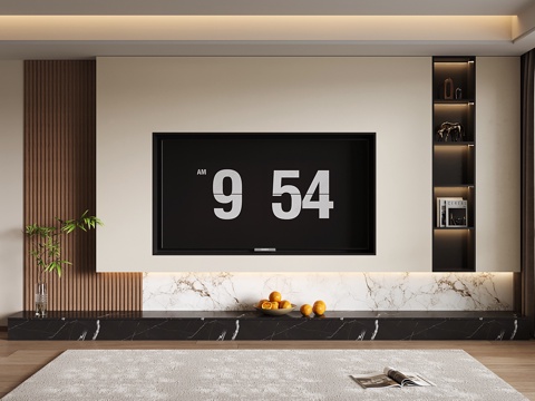 现代电视背景墙 大理石电视柜 意式电视背景柜 木格栅su模型