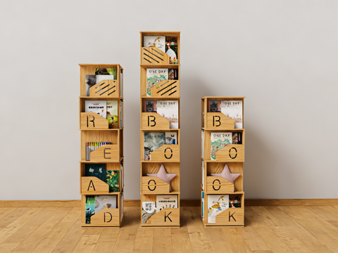  北欧风木质字母壁挂书架  儿童房绘本收纳 原木色方格置物架su模型 