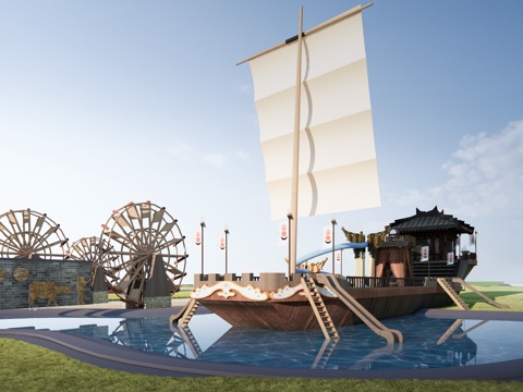  现代木船 帆船 游乐船su模型 