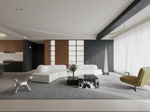  现代极简客厅 大平层 意式极简客厅 黑白客厅3d模型 