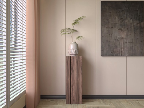  中古风客厅落地实木花架佛头花瓶绿植3d模型 