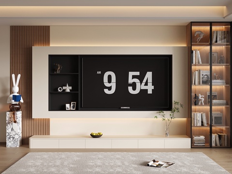 现代电视背景墙 开放格 收纳储物电视柜一体 木格栅电视背景su模型